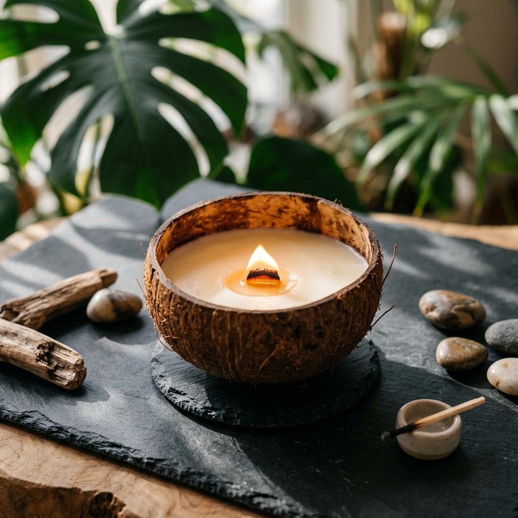 Handcrafted soy candle in a natural coconut shell